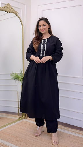 Black Threadwork A Line Kurta Set