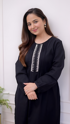 Black Threadwork A Line Kurta Set