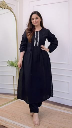 Black Threadwork A Line Kurta Set