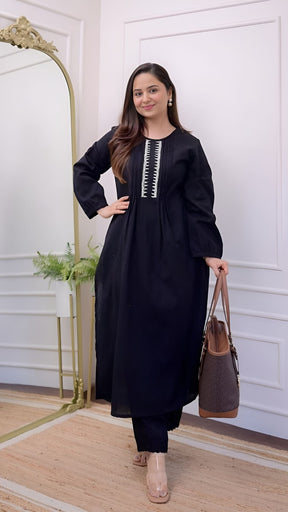 Black Threadwork A Line Kurta Set