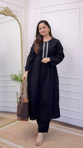 Black Threadwork A Line Kurta Set