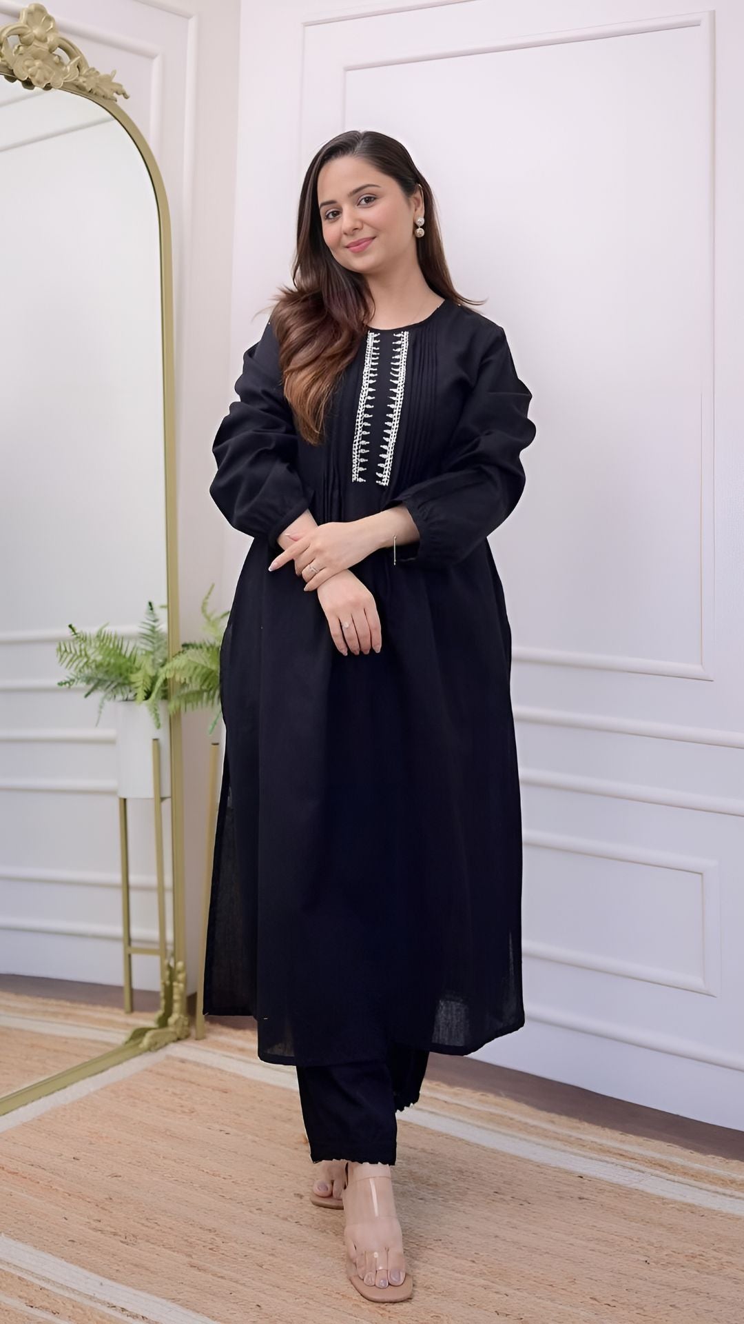 Black Threadwork A Line Kurta Set