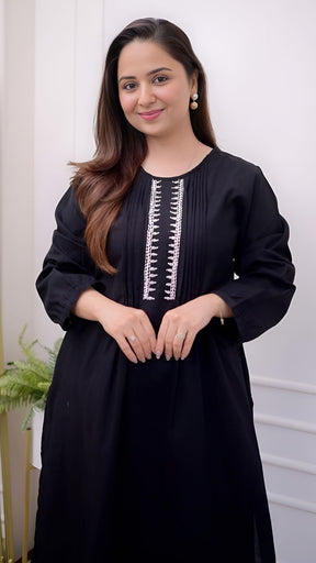 Black Threadwork A Line Kurta Set