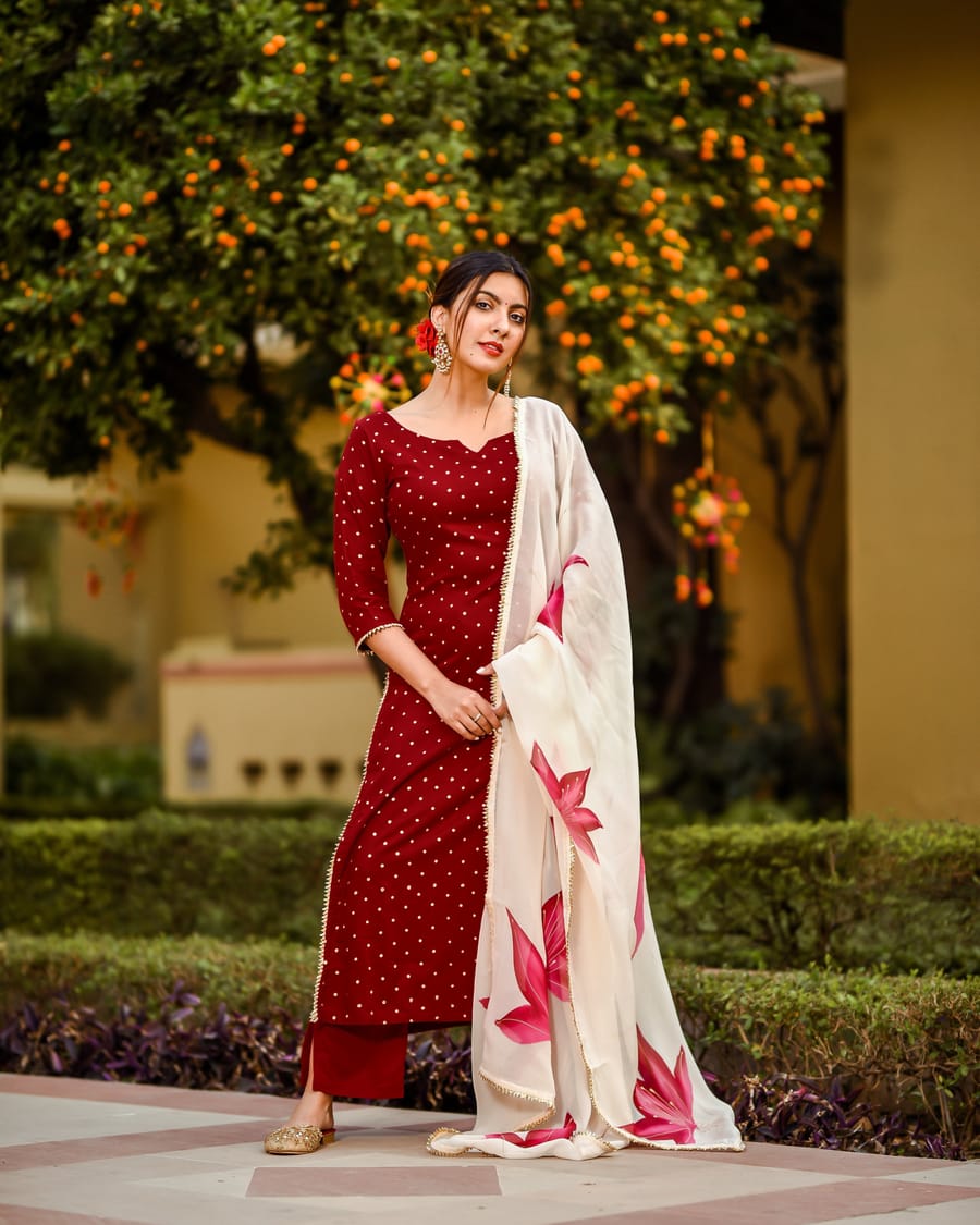 Raspberry Printed 3 Pc Suit