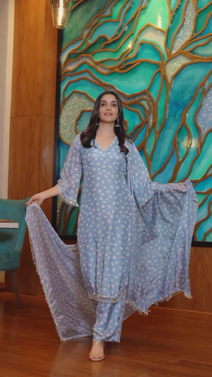 Tarang Pastel Blue Printed 3 Pc Suit